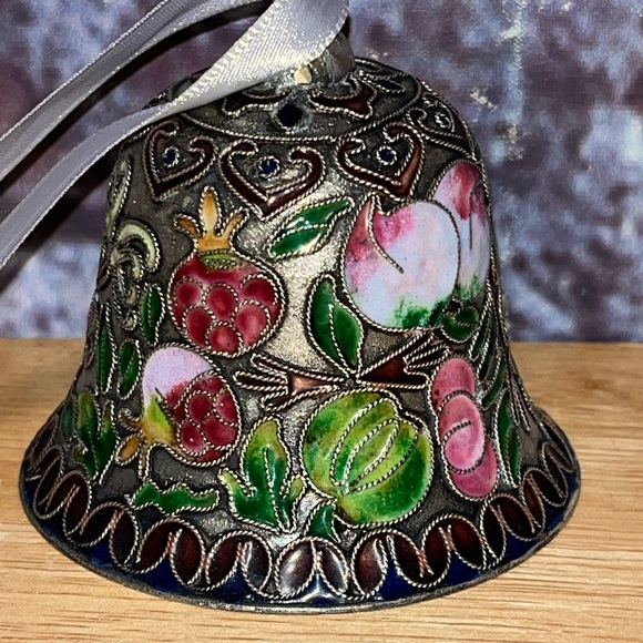 Cloisonné Enameled Ornament Molded Coppe Bell with Fruit And Flowers NYCO - Picture 9 of 9